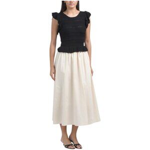 MOON RIVER Short Sleeve Mixed Media Contrast Midi Dress